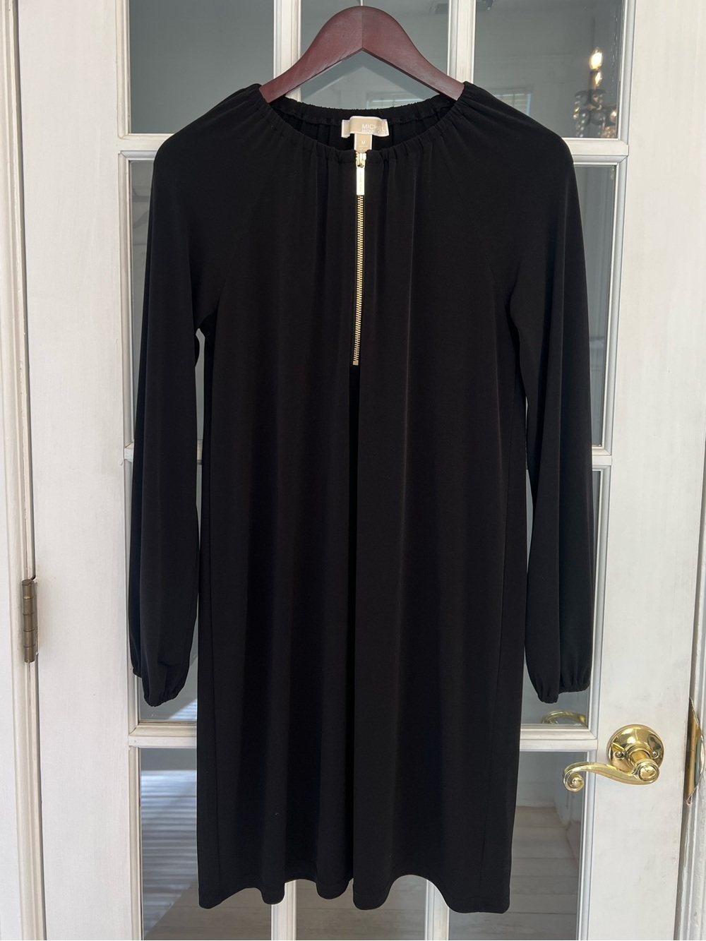 MICHAEL KORS Women’s Black Elastic Neckline Gold Zipper Long Sleeve Dress Size M